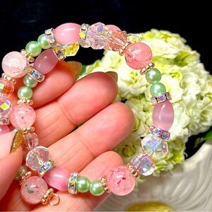 Elegant Pink and Green Beaded Bracelet
